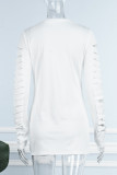 White Sexy Solid Hollowed Out O Neck Long Sleeve Dresses