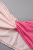 Pink Sexy Solid Patchwork Backless Contrast Strapless Sleeveless Two Pieces