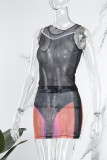 Black Gray Sexy Street Print Patchwork O Neck Sleeveless Two Pieces