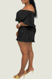 Black Casual Solid Flounce Fold Off the Shoulder Loose Rompers