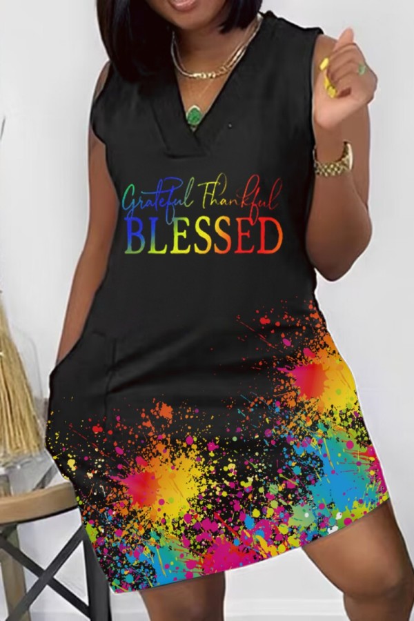 Black Casual Print Basic V Neck Sleeveless Dress Dresses