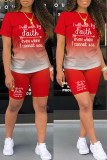 Red Casual Gradual Change Letter Print Basic O Neck Short Sleeve Two Pieces