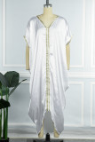 White Casual Print Patchwork Asymmetrical V Neck Irregular Dress Dresses
