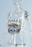 White Sexy Street Print Bandage Hollowed Out Patchwork Asymmetrical Spaghetti Strap Tops