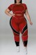 Red Casual Print Basic O Neck Plus Size Two Pieces