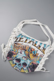 White Sexy Street Print Bandage Hollowed Out Patchwork Asymmetrical Spaghetti Strap Tops