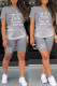 Grey Casual Gradual Change Letter Print Basic O Neck Short Sleeve Two Pieces