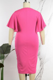 Rose Red Casual Solid Patchwork Flounce Asymmetrical V Neck One Step Skirt Plus Size Dresses