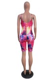 Rose Red Sexy Casual Print Tie Dye Backless Spaghetti Strap Skinny Romper