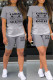 Grey Casual Gradual Change Letter Print Basic O Neck Short Sleeve Two Pieces