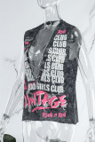 Black Sexy Street Letter Metal Accessories Decoration V Neck Tops