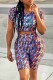 Blue Street Print Letter O Neck Short Sleeve Two Pieces