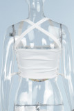 White Sexy Street Print Bandage Hollowed Out Patchwork Asymmetrical Spaghetti Strap Tops