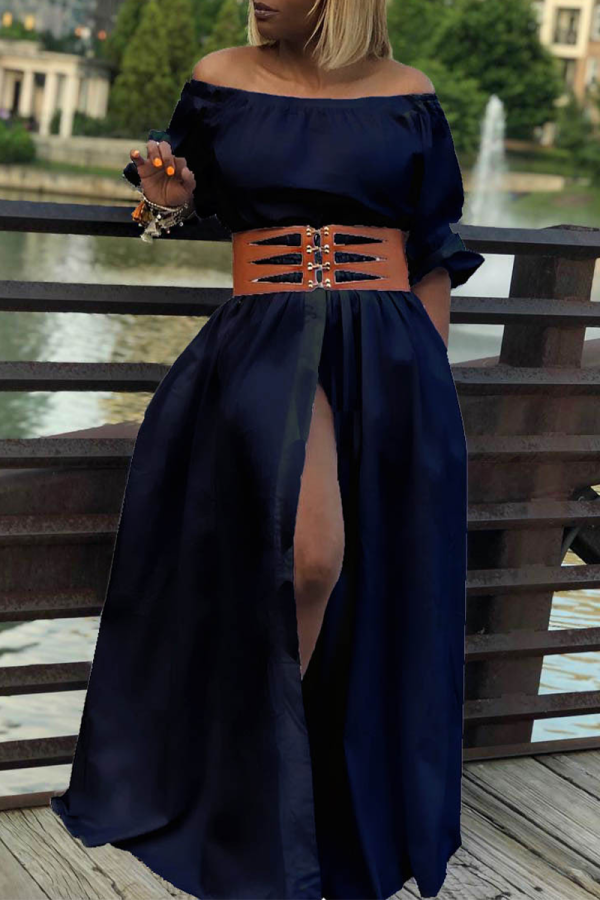 Black Casual Solid Patchwork Off the Shoulder Straight Dresses(Without belt)