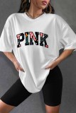 Rose Red Casual Print Letter O Neck Short Sleeve Two Pieces