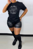 Black Casual Daily Print Patchwork Letter O Neck T-Shirts