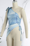 Blue Sexy Casual Street Print Draw String Backless Fold Oblique Collar High Waist Tops