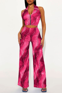 Rose Red Casual Print Patchwork Backless Zipper Halter Sleeveless Two Pieces