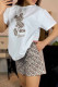 White Casual Character Print Embroidered Letter O Neck Short Sleeve Two Pieces