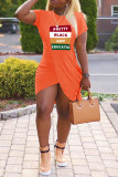 Tangerine Red Casual Letter Patchwork High Opening O Neck One Step Skirt Short Sleeve Dress