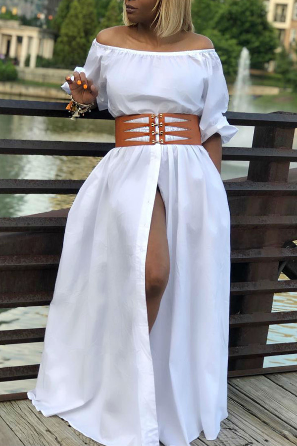 White Casual Solid Patchwork Off the Shoulder Straight Dresses(Without belt)