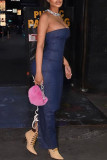 Blue Sexy Solid Cross Straps Off the Shoulder One Step Skirt Dresses