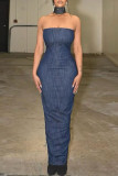 Blue Sexy Solid Cross Straps Off the Shoulder One Step Skirt Dresses