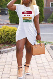 Tangerine Red Casual Letter Patchwork High Opening O Neck One Step Skirt Short Sleeve Dress