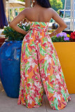 Pink Sexy Print Printing Pleated Strapless Straight Jumpsuits