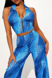 Blue Casual Print Patchwork Backless Zipper Halter Sleeveless Two Pieces