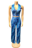Blue Casual Print Patchwork Backless Zipper Halter Sleeveless Two Pieces
