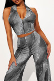 Blue Casual Print Patchwork Backless Zipper Halter Sleeveless Two Pieces