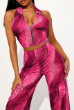 Blue Casual Print Patchwork Backless Zipper Halter Sleeveless Two Pieces