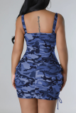 Pink Sexy Street Camouflage Print Hollowed Out Spaghetti Strap Pencil Skirt Dresses
