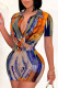 Orange Casual Street Print Patchwork Frenulum Turndown Collar Short Sleeve Two Pieces