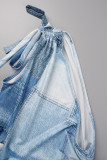 Blue Sexy Casual Street Print Draw String Backless Fold Oblique Collar High Waist Tops