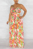 Pink Sexy Print Printing Pleated Strapless Straight Jumpsuits