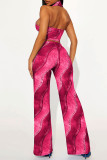 Blue Casual Print Patchwork Backless Zipper Halter Sleeveless Two Pieces