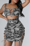 Pink Sexy Street Camouflage Print Hollowed Out Spaghetti Strap Pencil Skirt Dresses
