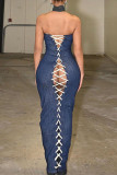 Blue Sexy Solid Cross Straps Off the Shoulder One Step Skirt Dresses