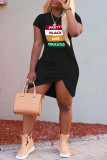 Tangerine Red Casual Letter Patchwork High Opening O Neck One Step Skirt Short Sleeve Dress
