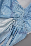 Blue Sexy Casual Street Print Draw String Backless Fold Oblique Collar High Waist Tops
