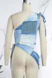 Blue Sexy Casual Street Print Draw String Backless Fold Oblique Collar High Waist Tops