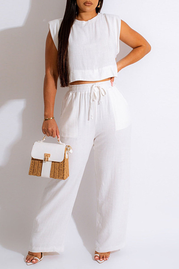 White Casual Solid Patchwork O Neck Sleeveless Two Pieces