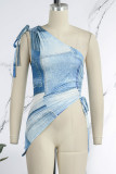 Blue Sexy Casual Street Print Draw String Backless Fold Oblique Collar High Waist Tops