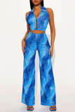 Blue Casual Print Patchwork Backless Zipper Halter Sleeveless Two Pieces