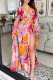Pink Casual Print High Opening V Neck Waist Skirt Dresses