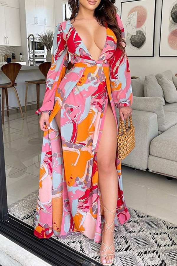 Pink Casual Print High Opening V Neck Waist Skirt Dresses