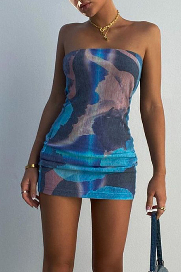 Colour Sexy Print Patchwork Strapless Pencil Skirt Dresses