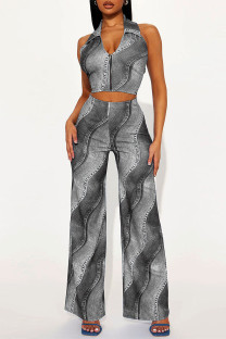 Grey Casual Print Patchwork Backless Zipper Halter Sleeveless Two Pieces